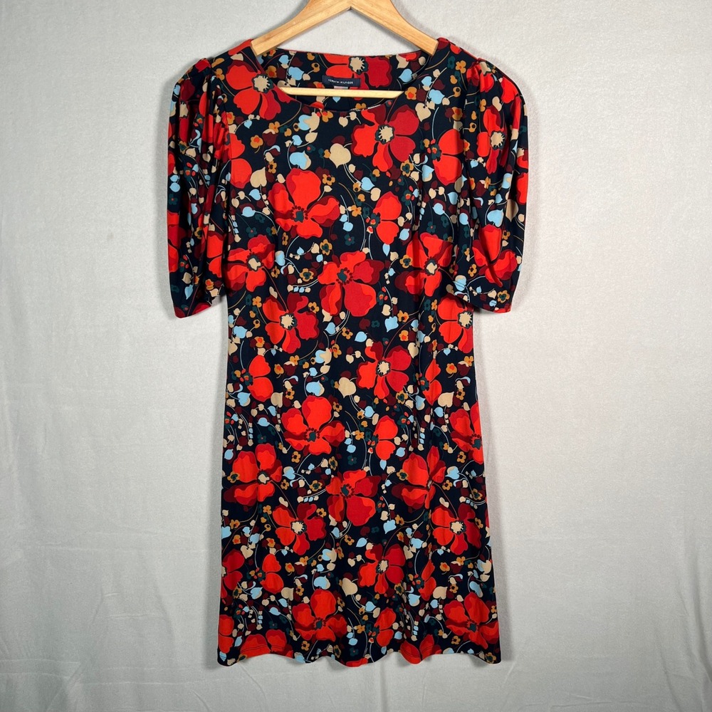 Tommy‎ Hilfiger Floral Print Dress Short Sleeve Casual Red Navy Poppies  Size 6